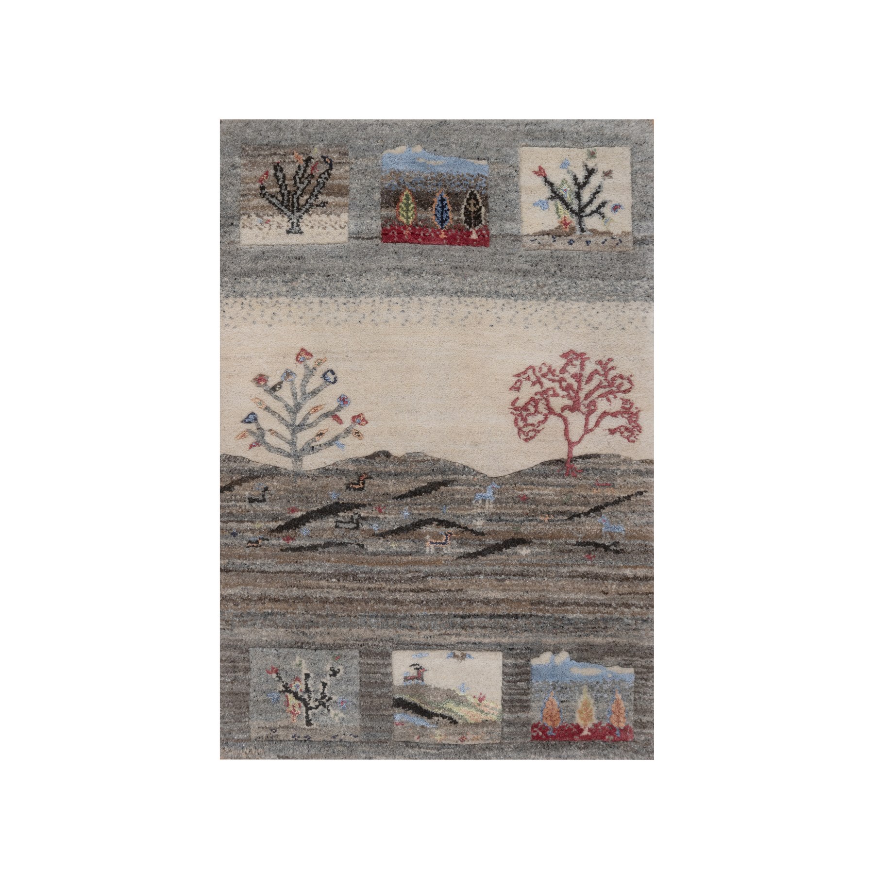 Dove Gray, Modern, Lori Buft Gabbeh with Pictorial Design, Small Animal Figurines, Soft Pile, Thick and Plush, Pure Wool, Hand Knotted, Sample, Mat, Oriental Rug